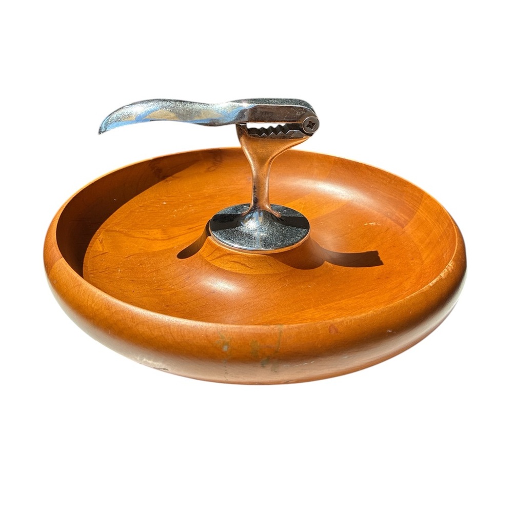 Millbern MCM Wooden Bowl with Metal Nutcracker Catchall Vintage Chic Retro Brown